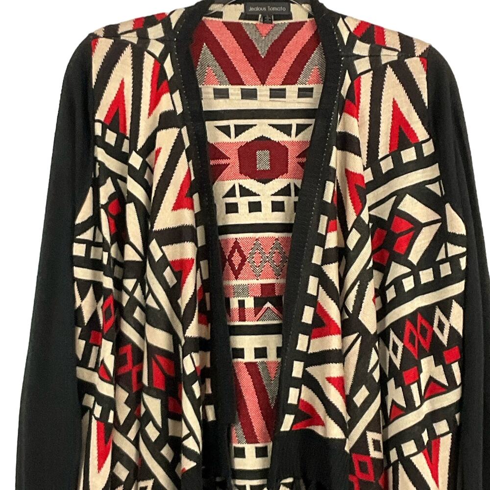JEALOUS TOMATO Tribal Cardigan Sweater  Fringe Southwestern Aztec Black sz L Art - Picture 5 of 11
